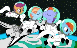 Size: 1280x804 | Tagged: safe, artist:joko-zuno, derpibooru import, bow hothoof, rainbow dash, scootaloo, windy whistles, earth pony, pegasus, pony, adopted offspring, clothes, cutie mark, cutie mark on clothes, earth, family, father and child, father and daughter, female, image, male, mother and child, mother and daughter, nuzzling, open mouth, orbit, png, scootadoption, ship:windyhoof, shipping, siblings, sisters, space, space helmet, space shuttle, spacesuit, stars, straight