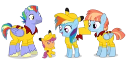 Size: 7656x3672 | Tagged: safe, artist:lanternomega, derpibooru import, bow hothoof, rainbow dash, scootaloo, windy whistles, pegasus, pikachu, pony, adopted, adopted offspring, age regression, baby, clothes, cosplay, costume, cute, cutealoo, daaaaaaaaaaaw, dashabetes, family, father and child, father and daughter, female, filly, foal, group, hat, image, male, mare, mother and child, mother and daughter, open mouth, open smile, png, pokémon, scootadoption, scootalove, siblings, sisters, smiling, stallion, vector, wholesome, windybetes, younger