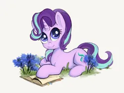 Size: 1000x750 | Tagged: safe, artist:terra0940, derpibooru import, starlight glimmer, unicorn, book, cute, derpibooru exclusive, flower, glimmerbetes, grass, image, lying down, png, simple background, smiling, solo, white background