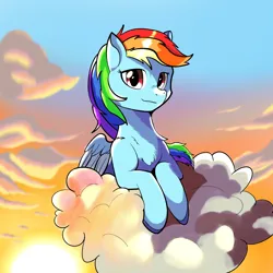 Size: 2048x2048 | Tagged: safe, artist:maonyman, derpibooru import, rainbow dash, pegasus, pony, chest fluff, cloud, colored hooves, colored wings, female, image, looking at you, mare, png, solo, sunset, two toned wings, wings