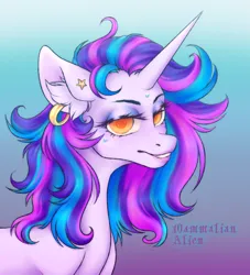Size: 3024x3333 | Tagged: safe, artist:mammalian_alien, derpibooru import, oc, unofficial characters only, pony, unicorn, ear fluff, ear piercing, earring, eyelashes, eyeshadow, image, jewelry, makeup, messy mane, piercing, png, solo