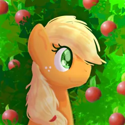 Size: 800x800 | Tagged: safe, artist:lindasaurie, derpibooru import, applejack, earth pony, pony, apple, bust, derpibooru exclusive, eye clipping through hair, female, food, freckles, hatless, image, jpeg, lineless, mare, missing accessory, side view, smiling, solo