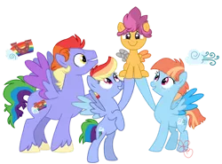 Size: 1024x757 | Tagged: safe, artist:hunterartist, derpibooru import, bow hothoof, rainbow dash, scootaloo, windy whistles, pegasus, pony, adopted, adopted offspring, alternate cutie mark, alternate design, alternate universe, amputee, artificial wings, augmented, cute, cutealoo, daaaaaaaaaaaw, family, father and child, father and daughter, female, filly, foal, freckles, image, lifting, male, mare, mother and child, mother and daughter, png, prosthetic limb, prosthetic wing, prosthetics, scootadoption, scootalove, siblings, sisters, smiling, stallion, wings