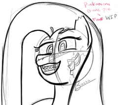 Size: 3500x3000 | Tagged: safe, artist:zestymf, derpibooru import, pinkie pie, pony, animatronic, animatronic pinkie, black and white, bloodshot eyes, crossover, endoskeleton, five nights at freddy's, grayscale, gritted teeth, image, looking at you, monochrome, obtrusive watermark, pinkamena diane pie, png, signature, simple background, sketch, sketch dump, teeth, torn ear, watermark, white background, wip, wires