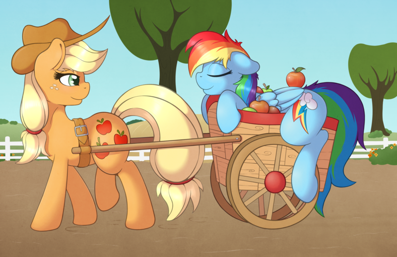 Size: 5100x3300 | Tagged: safe, artist:ratofdrawn, derpibooru import, applejack, rainbow dash, earth pony, pegasus, pony, g4, absurd resolution, apple, appledash, applejack's hat, cart, cowboy hat, duo, duo female, eyes closed, female, folded wings, food, freckles, harness, hat, image, lesbian, looking at someone, mare, outdoors, png, shipping, sky, sleeping, smiling, tack, tree, wings