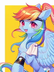Size: 1500x2000 | Tagged: safe, artist:leafywind, derpibooru import, rainbow dash, pegasus, pony, alternate hairstyle, backwards cutie mark, chest fluff, cute, dashabetes, fangs, female, g4, headband, image, jpeg, looking at you, mare, open mouth, open smile, ponytail, smiling, smiling at you, solo, sweatband, towel, wings