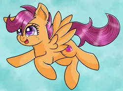 Size: 2266x1688 | Tagged: safe, artist:nyx-nintendencies, artist:rainbowtashie, derpibooru import, scootaloo, pegasus, pony, atg 2019, cutie mark, eyebrows, female, filly, flying, foal, g4, happy, image, newbie artist training grounds, open mouth, open smile, png, scootaloo can fly, smiling, solo, spread wings, the cmc's cutie marks, wings