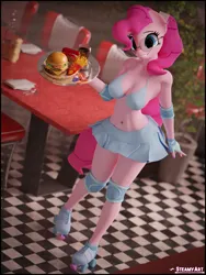 Size: 2880x3840 | Tagged: suggestive, artist:phenioxflame, derpibooru import, pinkie pie, anthro, 3d, belly button, bikini, bikini top, blender, clothes, diner, image, looking at you, png, roller skates, skates, skirt, solo, swimsuit, waitress