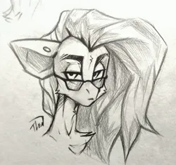 Size: 3921x3678 | Tagged: safe, artist:tlen borowski, derpibooru import, oc, oc:star dust, pegasus, black and white, bust, chest fluff, commission, ear piercing, eyebrows, femboy, glasses, grayscale, grin, image, jpeg, long mane, looking at something, loose hair, male, monochrome, piercing, portrait, sketch, smiling, solo, traditional art