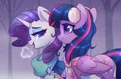 Size: 4600x3000 | Tagged: safe, artist:blooming_heather, artist:radioaxi, derpibooru import, rarity, twilight sparkle, twilight sparkle (alicorn), alicorn, pony, unicorn, chromatic aberration, clothes, colored eyebrows, cute, duo, duo female, earmuffs, eyebrows, eyeshadow, female, folded wings, g4, high res, horn, image, lidded eyes, looking at each other, looking at someone, makeup, mare, open mouth, open smile, outdoors, png, profile, raribetes, scarf, smiling, smiling at each other, snow, snowfall, striped scarf, tree, twiabetes, wings, winter