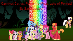 Size: 1280x720 | Tagged: safe, artist:sand-josieph, artist:user15432, derpibooru import, apple bloom, applejack, big macintosh, fluttershy, pinkie pie, rainbow dash, rarity, scootaloo, spike, sweetie belle, twilight sparkle, twilight sparkle (alicorn), oc, oc:carnival cat, alicorn, dragon, earth pony, pegasus, pony, unicorn, animated, big crown thingy, carnival cat, carnival cat vs. ponyville, crown, cutie mark crusaders, element of generosity, element of honesty, element of kindness, element of laughter, element of loyalty, element of magic, elements of harmony, everfree forest, evil grin, grin, image, jewelry, link in description, looking at you, mane six, mp4, music, necklace, plant, rainbow of light, regalia, smiling, sound only, sparkles, tree, youtube link