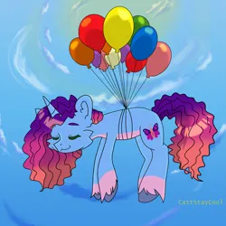 Size: 3407x3403 | Tagged: safe, artist:cattstaycool, derpibooru import, pinkie pie, pony, unicorn, g5, balloon, floating, image, misty brightdawn, png, sky, solo, then watch her balloons lift her up to the sky