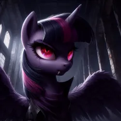 Size: 1024x1024 | Tagged: safe, derpibooru import, machine learning generated, twilight sparkle, twilight sparkle (alicorn), alicorn, pony, undead, unicorn, vampire, vampony, ai content, day, eyes open, fangs, female, image, jpeg, light, serious, serious face, solo, solo female, spread wings, wings