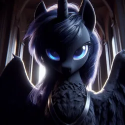 Size: 1024x1024 | Tagged: safe, derpibooru import, machine learning generated, princess luna, alicorn, ai content, beautiful, blue eyes, blue mane, close-up, closed mouth, day, ears up, eyes open, female, fur, image, jpeg, light, looking at you, realistic, solo, solo female, spread wings, wings