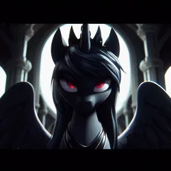 Size: 1024x1024 | Tagged: safe, derpibooru import, machine learning generated, princess luna, alicorn, undead, vampire, vampony, ai content, big eyes, close-up, closed mouth, day, eyes open, female, focus, focused, image, light, looking at you, png, realistic, red eyes, solo, solo female, spread wings, wings