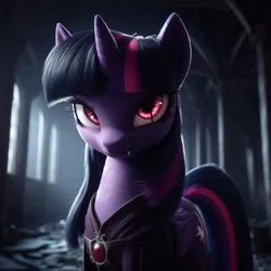 Size: 1024x1024 | Tagged: safe, derpibooru import, machine learning generated, twilight sparkle, twilight sparkle (alicorn), alicorn, undead, vampire, vampony, ai content, alone, beautiful, day, fangs, female, focus, focused, image, light, lonely, looking at you, png, red eyes, serious, serious face, solo, solo female, wings