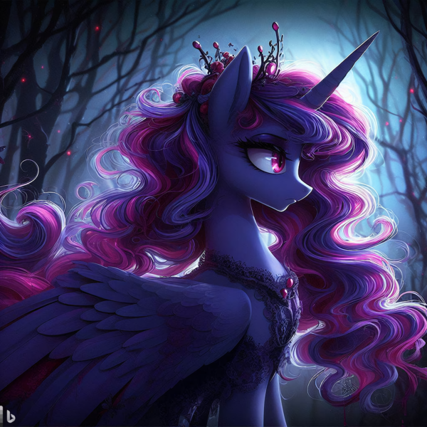 Size: 4096x4096 | Tagged: safe, derpibooru import, machine learning generated, princess luna, undead, vampire, vampony, 2d, ai content, alone, female, forest, image, lonely, moon, nature, night, png, sad, sadness, side view, solo, solo female, tree, wings