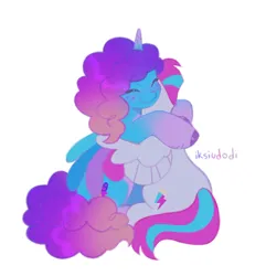 Size: 1396x1447 | Tagged: safe, artist:iksiudodi_, derpibooru import, zipp storm, pegasus, pony, unicorn, g5, cuddling, dawnstorm, female, hug, image, jpeg, lesbian, mare, misty brightdawn, rebirth misty, shipping, simple background, white background