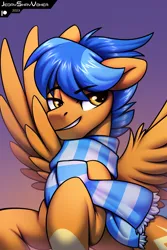 Size: 2000x3000 | Tagged: safe, artist:jedayskayvoker, derpibooru import, oc, oc:lightning rider, unofficial characters only, pegasus, pony, bust, clothes, cute, gradient background, icon, image, looking back, male, patreon, patreon reward, pegasus oc, png, portrait, scarf, smiling, solo, spread wings, stallion, striped scarf, wing fluff, wings