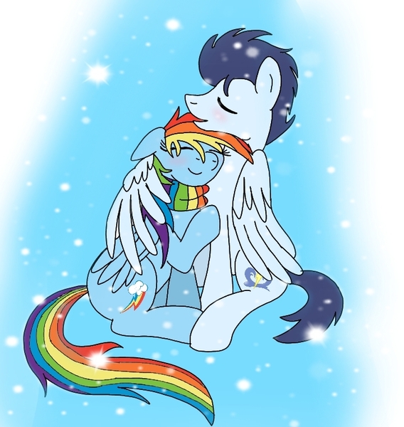 Size: 720x760 | Tagged: safe, artist:dasher666, artist:deltalix, derpibooru import, edit, rainbow dash, soarin', pegasus, pony, clothes, female, hug, image, jpeg, male, mare, scarf, shipping, soarindash, stallion, straight, winghug, wings