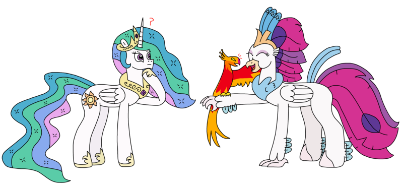 Size: 3110x1442 | Tagged: safe, artist:supahdonarudo, derpibooru import, philomena, princess celestia, queen novo, alicorn, classical hippogriff, hippogriff, phoenix, my little pony: the movie, image, perching, png, question mark, simple background, talking, transparent background