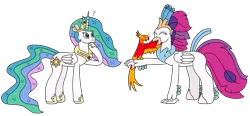 Size: 3110x1442 | Tagged: safe, artist:supahdonarudo, derpibooru import, philomena, princess celestia, queen novo, alicorn, classical hippogriff, hippogriff, phoenix, my little pony: the movie, image, perching, png, question mark, simple background, talking, transparent background