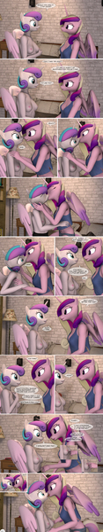 Size: 1440x7358 | Tagged: questionable, artist:spud, derpibooru import, princess cadance, princess flurry heart, alicorn, anthro, comic:caught, 3d, bed, bookshelf, breast grab, breasts, clothes, comic, dialogue, female, females only, flurrydance, g4, grope, holding head, image, incest, infidelity, jpeg, kiss on the lips, kissing, lesbian, looking at each other, looking at someone, mother and child, mother and daughter, nipples, nose to nose, nudity, older, older flurry heart, on bed, partial nudity, picture frame, pointing, pointing at self, shipping, sitting, sitting on bed, smiling, source filmmaker, speech bubble, talking, tongue play, topless