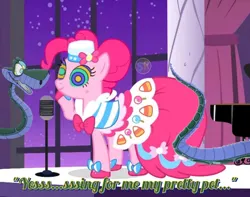 Size: 1080x852 | Tagged: safe, artist:scornedremnant, derpibooru import, edit, edited screencap, screencap, pinkie pie, earth pony, pony, snake, the best night ever, blushing, clothes, dress, duo, female, gala dress, grand galloping gala, hypno eyes, hypno pie, hypnosis, hypnotized, image, kaa, kaa eyes, male, mare, microphone, png, smiling