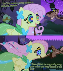 Size: 1080x1222 | Tagged: safe, artist:scornedremnant, derpibooru import, edit, edited screencap, screencap, fluttershy, pegasus, pony, snake, the best night ever, canterlot royal gardens, clothes, dress, female, gala dress, hypno eyes, hypnoshy, hypnosis, hypnotized, image, kaa, kaa eyes, male, mare, night, open mouth, open smile, png, smiling, starry night