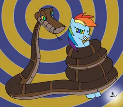 Size: 1024x896 | Tagged: safe, artist:lol20, derpibooru import, rainbow dash, pegasus, pony, snake, coils, duo, female, gritted teeth, hypno dash, hypno eyes, hypnosis, hypnotized, image, jpeg, kaa, kaa eyes, male, struggling, teeth, wrapped up