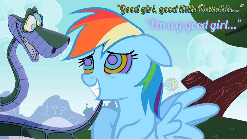 Size: 1088x612 | Tagged: safe, artist:scornedremnant, derpibooru import, rainbow dash, pegasus, pony, snake, cute, dashabetes, female, good girl, grin, hypno dash, hypno eyes, hypnosis, hypnotized, image, kaa, kaa eyes, looking at each other, looking at someone, male, mare, png, smiling, snake tail, story included, tail