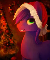 Size: 833x1000 | Tagged: safe, artist:honeyapplecake, derpibooru import, oc, oc:proudy hooves, unofficial characters only, earth pony, pony, 2014, christmas, christmas tree, christmas wreath, green eyes, hat, holiday, image, looking at you, male, new year, png, room, santa hat, smiling, solo, stallion, tree, wreath