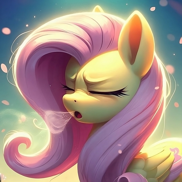 Size: 1080x1080 | Tagged: safe, derpibooru import, machine learning generated, fluttershy, ai content, cute, eyes closed, generator:bing image creator, image, jpeg, open mouth, prompter:evergreenpinewood, shyabetes, sneeze cloud, sneezing, spit, spray, wings