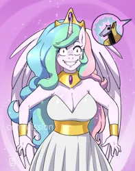 Size: 900x1140 | Tagged: safe, artist:traupa, derpibooru import, idw, princess celestia, accord (arc), anime style, breasts, busty princess celestia, cleavage, evil grin, grin, image, jewelry, jpeg, looking at you, obtrusive watermark, regalia, smiling, watermark