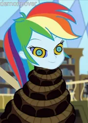 Size: 1079x1499 | Tagged: safe, artist:demonpover, derpibooru import, edit, edited screencap, screencap, rainbow dash, human, snake, equestria girls, coils, female, hypno dash, hypno eyes, hypnosis, hypnotized, image, jpeg, kaa eyes, library, lidded eyes, smiling, wrapped snugly, wrapped up