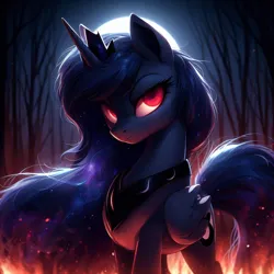 Size: 1024x1024 | Tagged: safe, derpibooru import, machine learning generated, princess luna, alicorn, undead, vampire, vampony, ai content, alone, beautiful, blue mane, female, fire, forest, image, looking at you, moon, nature, night, png, red eyes, solo, tree