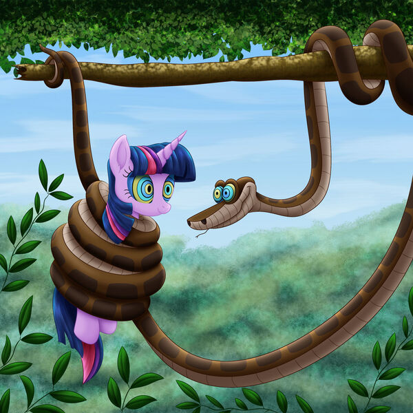 Size: 1280x1280 | Tagged: safe, artist:lifesharbinger, derpibooru import, twilight sparkle, twilight sparkle (alicorn), alicorn, pony, snake, coils, duo, female, forest, hypno eyes, hypnolight sparkle, hypnosis, hypnotized, image, jpeg, jungle, kaa, kaa eyes, looking at each other, looking at someone, male, mare, nature, smiling, smiling at each other, the jungle book, tree, wrapped up