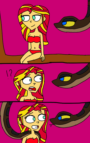 Size: 605x953 | Tagged: safe, artist:beecartoonist13, derpibooru import, sunset shimmer, human, snake, equestria girls, bikini, breasts, busty sunset shimmer, clothes, evening, exclamation point, grin, image, kaa, nervous, nervous grin, png, question mark, sitting, smiling, snake tail, startled, swimsuit, tail, tree