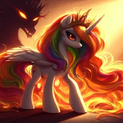 Size: 4096x4096 | Tagged: safe, derpibooru import, machine learning generated, daybreaker, princess celestia, alicorn, demon, ai content, alternate cutie mark, crown, day, fire, food, image, jewelry, light, looking at you, orange, orange eyes, orange mane, png, regalia, serious, spread wings, wings