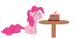 Size: 1350x662 | Tagged: safe, artist:williamsvenancio, derpibooru import, pinkie pie, earth pony, cake, dessert, eating, eyes closed, female, food, image, png, simple background, smiling, solo, strawberry cake, table, transparent background