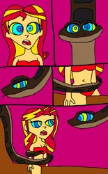 Size: 615x991 | Tagged: safe, artist:beecartoonist13, derpibooru import, sunset shimmer, human, equestria girls, bikini, breasts, busty sunset shimmer, clothes, coiling, coils, duo, female, hypno eyes, hypnosis, hypnotized, image, kaa, kaa eyes, open mouth, png, sitting, sleepy, swimsuit, tree