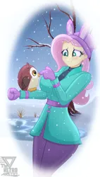 Size: 2200x3872 | Tagged: safe, artist:theretroart88, derpibooru import, fluttershy, bird, human, owl, equestria girls, breasts, bunny ears, busty fluttershy, clothes, curvy, cute, grin, hourglass figure, image, jacket, mittens, pants, png, shyabetes, smiling, snow, solo, sweater, waistband, winter outfit