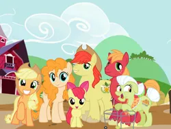 Size: 1280x960 | Tagged: safe, artist:thesuperponygamer75, derpibooru import, apple bloom, applejack, big macintosh, bright mac, granny smith, pear butter, earth pony, pony, apple bloom's bow, apple family, applejack's hat, applejack's parents, bow, cowboy hat, female, filly, foal, freckles, grin, hair bow, happy, hat, image, jpeg, male, mare, open mouth, open smile, raised hoof, smiling, stallion, sweet apple acres, what if