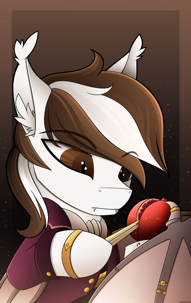Size: 2165x3439 | Tagged: safe, artist:andaluce, derpibooru import, oc, oc:choco blanc, bat pony, clothes, ear fluff, food, fruit, image, jewelry, png, pomegranate, solo, suit