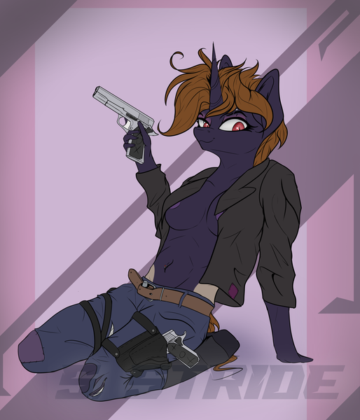 Size: 2509x2926 | Tagged: questionable, artist:shade stride, derpibooru import, oc, oc:killjoy, anthro, bat pony, hybrid, unicorn, fallout equestria, bat eye, boots, breasts, clothes, denim, gun, holster, horn, image, jacket, jeans, leather, leather jacket, pants, png, shoes, sitting, solo, watermar, weapon