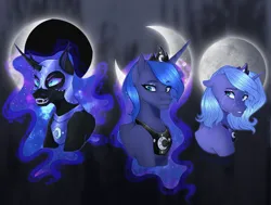 Size: 1979x1500 | Tagged: safe, artist:sapphireleaf48, derpibooru import, nightmare moon, princess luna, alicorn, pony, blue eyes, blue mane, bust, colored pupils, crescent moon, crown, crying, digital art, ethereal mane, eyeshadow, fangs, female, flowing mane, g4, gray background, helmet, high res, horn, image, jewelry, makeup, mare, moon, moonlight, open mouth, peytral, png, portrait, redraw, regalia, sad, signature, simple background, solo, starry mane, stars, teary eyes, teeth