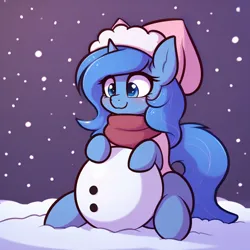 Size: 768x768 | Tagged: safe, derpibooru import, machine learning generated, princess luna, alicorn, ai content, clothes, female, hat, image, png, scarf, sitting, snow, snowman, solo