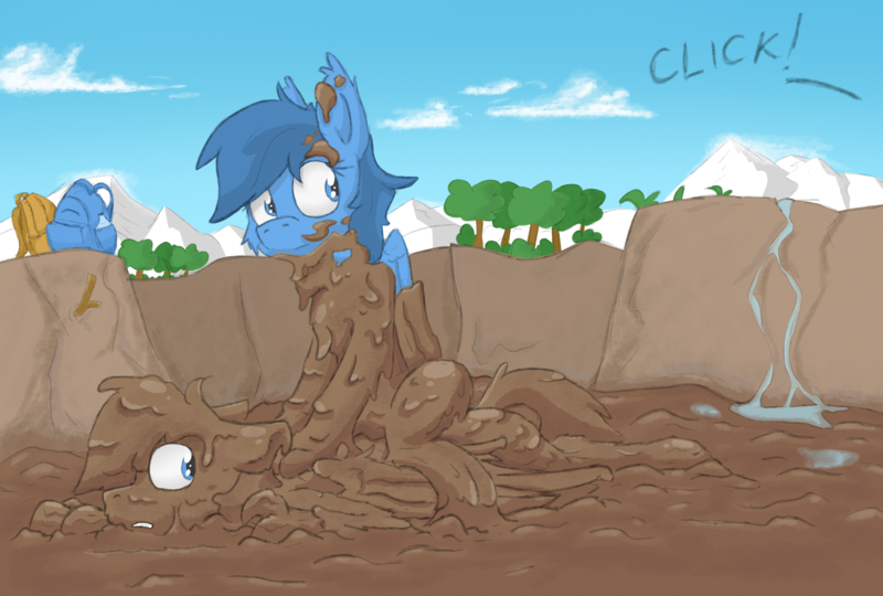 Size: 9230x6225 | Tagged: safe, artist:pzkratzer, derpibooru import, oc, oc:night cloud, oc:ponygriff, hippogriff, hybrid, sphinx, backpack, covered in mud, cute, dirty, duo, female, hippogriff oc, husband and wife, image, male, mountain, mud, mud bath, muddy, outdoors, playing, png, ponygriff, puddle, shipping, sitting on, sitting on person, sitting on pony, sphinx oc