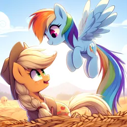 Size: 1280x1280 | Tagged: safe, derpibooru import, machine learning generated, applejack, rainbow dash, earth pony, pegasus, pony, ai content, female, field, flying, generator:bing image creator, image, jpeg, looking at each other, looking at someone, mare, prompter:ponaiart, smiling, smiling at each other, story included, talking, yoke