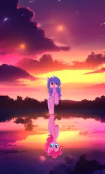 Size: 1960x3244 | Tagged: safe, artist:jaanhavi, derpibooru import, izzy moonbow, pinkie pie, earth pony, pony, unicorn, g5, female, g4, image, izzy and her heroine, mare, png, reflection, sky, sunset, the new pinkie pie, water